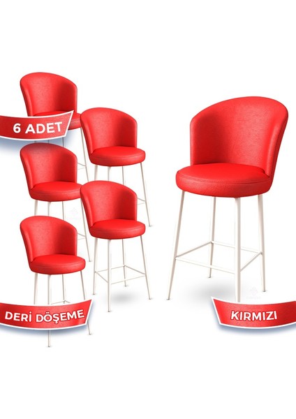 Concept Uras Serisi Ada Mutfak Sandalyesi Beyaz Metal Ayaklı 6 Adet Deri Bar Sandalyesi