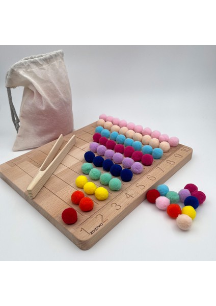 Montessori Eğitici Ahşap Oyuncak – Renkli Keçe Topları Sayıları Öğrenme Tahtası