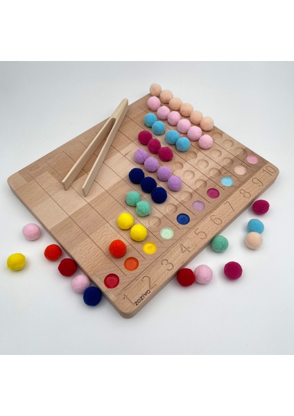Montessori Eğitici Ahşap Oyuncak – Renkli Keçe Topları Sayıları Öğrenme Tahtası