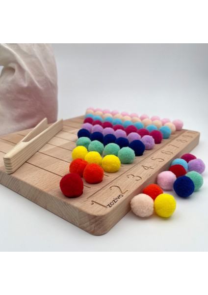 Montessori Eğitici Ahşap Oyuncak – Renkli Keçe Topları Sayıları Öğrenme Tahtası