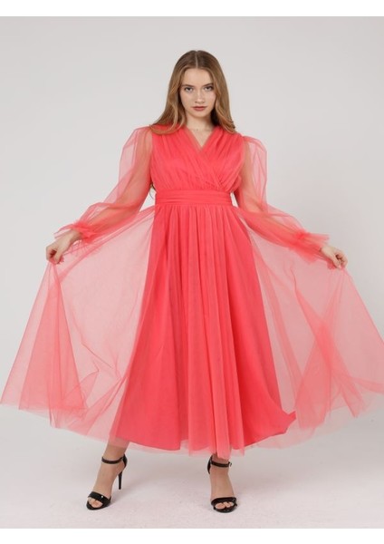 Önü Kruvaze Uzun Kol Tül Abiye Elbise