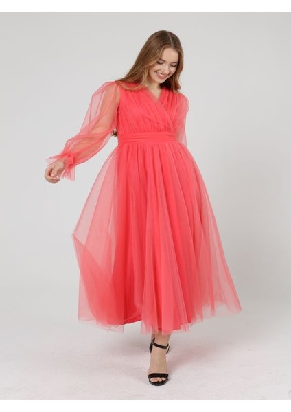 Önü Kruvaze Uzun Kol Tül Abiye Elbise fiyatları