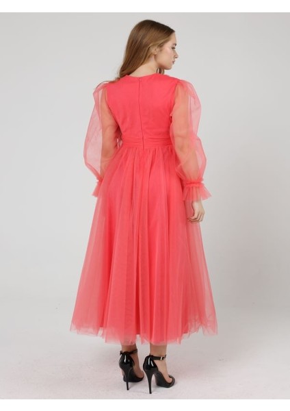 Önü Kruvaze Uzun Kol Tül Abiye Elbise modelleri