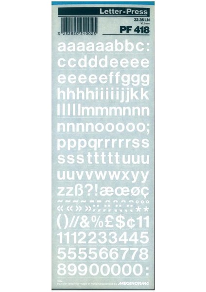 Beyaz Harfler Transfer Şablon Letraset Pf 418 10.1 mm