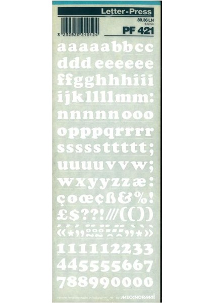 Beyaz Harfler Transfer Şablon Letraset Pf 421 9.5 mm