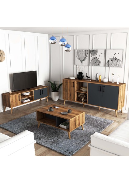 Set 1580-2070-1620 Exxen (Ahşap Ayaklı) Tv Ünitesi Orta Sehpa Konsol Seti Hat Antrasit