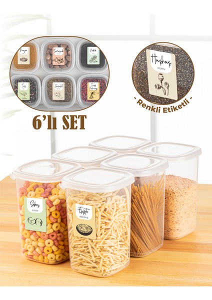 Renkli Etiketli 6lı 1,2 Litre Peggy Kare Erzak Saklama Kabı Beyaz