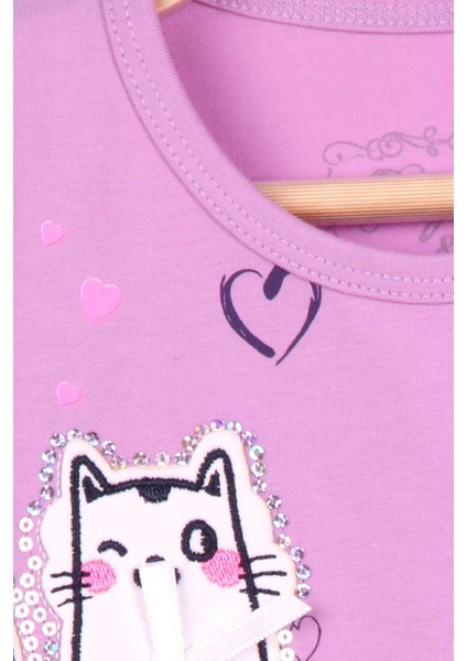 Kız Çocuk Taytlı Takım Kedi Desenli 1.5-5 Yaş, Eflatun