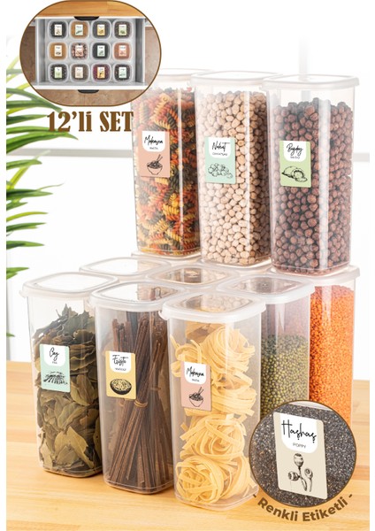 Renkli Etiketli 12LI 1,75 Litre Peggy Kare Erzak Saklama Kabı Beyaz