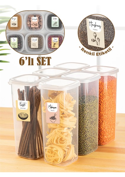 Renkli Etiketli 6lı 1,75 Litre Peggy Kare Erzak Saklama Kabı Beyaz