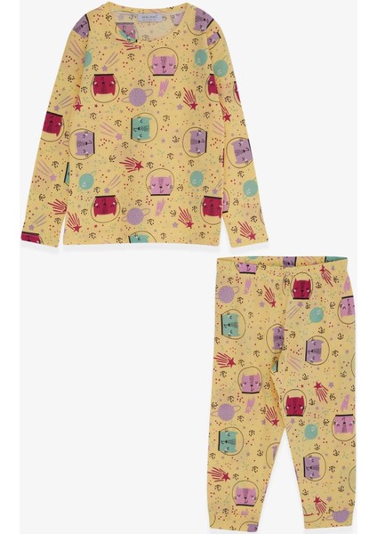 Macawı Kız Çocuk Pijama Takımı Astronot Kedicik Desenli 3-7 Yaş, Sarı