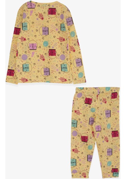 Macawı Kız Çocuk Pijama Takımı Astronot Kedicik Desenli 3-7 Yaş, Sarı