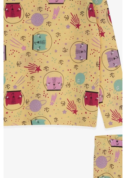 Macawı Kız Çocuk Pijama Takımı Astronot Kedicik Desenli 3-7 Yaş, Sarı