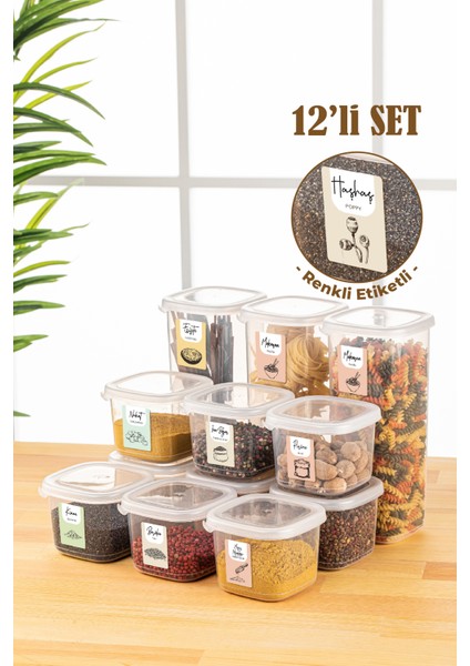 Renkli Etiketli 12LI Peggy Kare Erzak Saklama Kabı 9x(0,55 Litre) - 3x(1,75 Litre) Beyaz