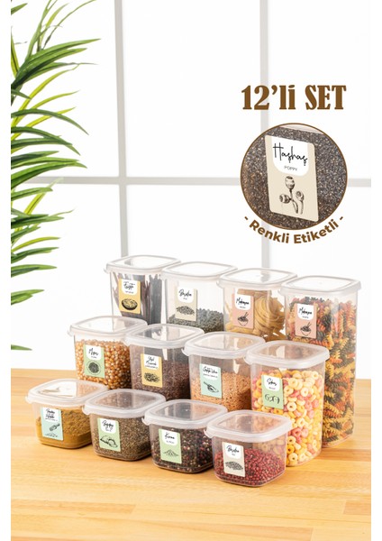 Renkli Etiketli 12LI Peggy Kare Erzak Saklama Kabı 4x(0,55 Litre, 1,2 Litre, 1,75 Litre) Beyaz