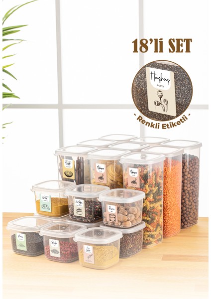 Renkli Etiketli 18LI Peggy Kare Erzak Saklama Kabı 9x(0,55 Litre, 1,75 Litre) Beyaz