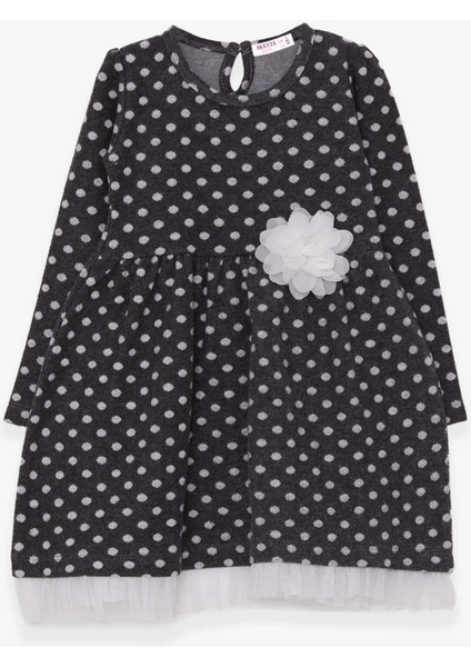 Kız Çocuk Uzun Kollu Elbise Puantiyeli Beyaz Çiçekli 3-7 Yaş, Antrasit