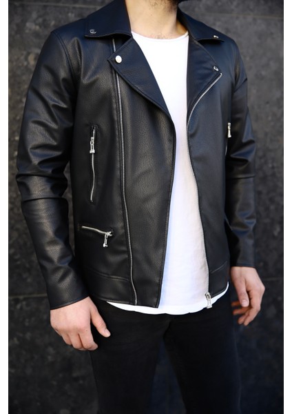 SB Collection Erkek Siyah Biker Baharlık Deri Ceket