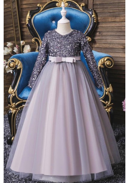 Gri Zara Payetli Çocuk Abiye - Kız Çocuk Elbise - Kız Çocuk Balo Elbise - Noel Elbise