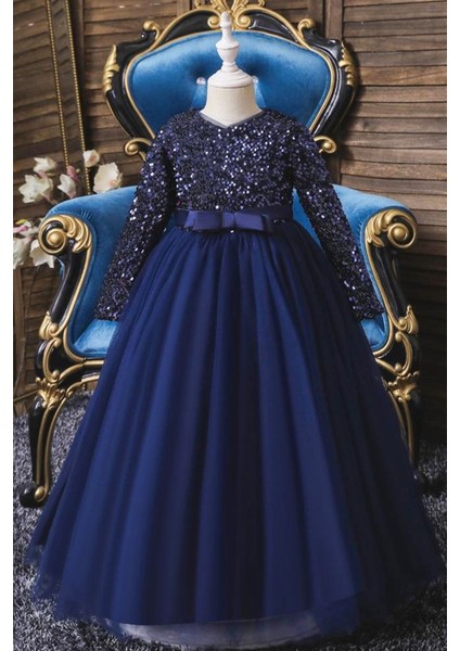 Lacivert Zara Payetli Çocuk Abiye - Kız Çocuk Elbise - Kız Çocuk Balo Elbise Noel Elbise