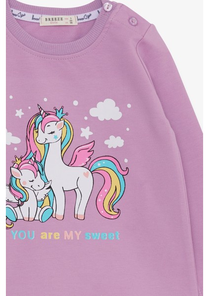 Kız Çocuk Sweatshirt Sevimli Unicorn Baskılı 1-4 Yaş, Eflatun