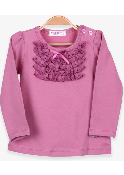Kız Çocuk Uzun Kollu Tişört Güpürlü Fiyonklu 6 Ay-8 Yaş, Mürdüm