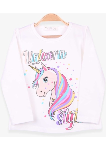 Kız Çocuk Uzun Kollu Tişört Unicorn 2-6 Yaş, Ekru