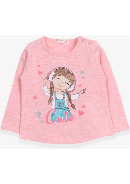 Kız Çocuk Uzun Kollu Tişört Sevimli Kız Baskılı 1-4 Yaş, Somon Melanj