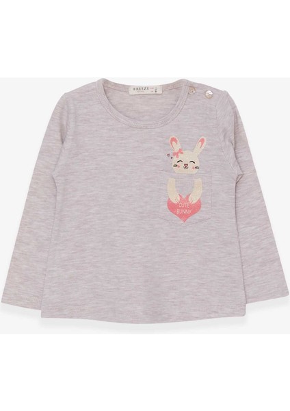 Kız Çocuk Uzun Kollu Tişört Cepli Tavşancık Baskılı 1.5-5 Yaş, Bej Melanj