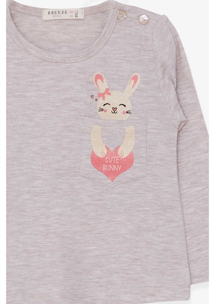 Kız Çocuk Uzun Kollu Tişört Cepli Tavşancık Baskılı 1.5-5 Yaş, Bej Melanj modelleri