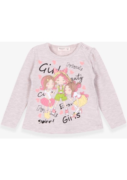 Kız Çocuk Uzun Kollu Tişört Dostluk Temalı 1.5-5 Yaş, Bej Melanj