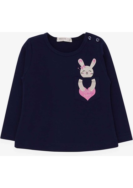 Kız Çocuk Uzun Kollu Tişört Cepli Tavşancık Baskılı 1.5-5 Yaş, Lacivert