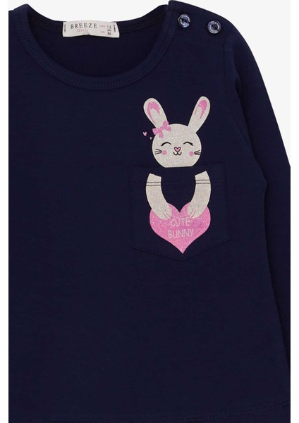 Kız Çocuk Uzun Kollu Tişört Cepli Tavşancık Baskılı 1.5-5 Yaş, Lacivert modelleri