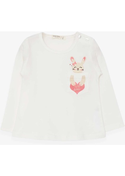 Kız Çocuk Uzun Kollu Tişört Cepli Tavşancık Baskılı 1.5-5 Yaş, Ekru