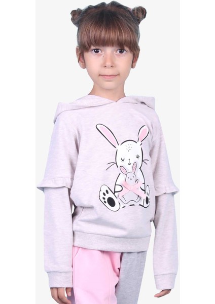 Kız Çocuk Sweatshirt Tavşan Baskılı 1.5-5 Yaş, Bej Melanj