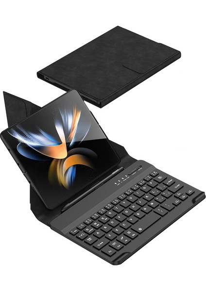 Samsung Galaxy Z Fold 3 Uyumlu Klavyeli Kılıf Bluetooth Keyboard Set Standlı Kalem Bölmeli