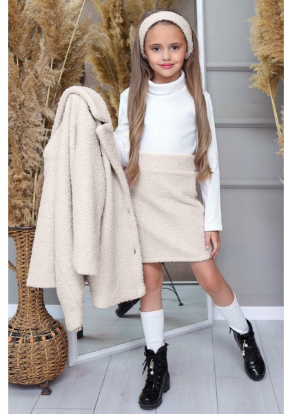 Kız Çocuk Peluş Kaban Bluz ve Bandanalı Peluş Etekli Tarz Takım