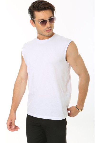 Erkek Beyaz Tank Sıfır Kol Pamuk T-Shirt