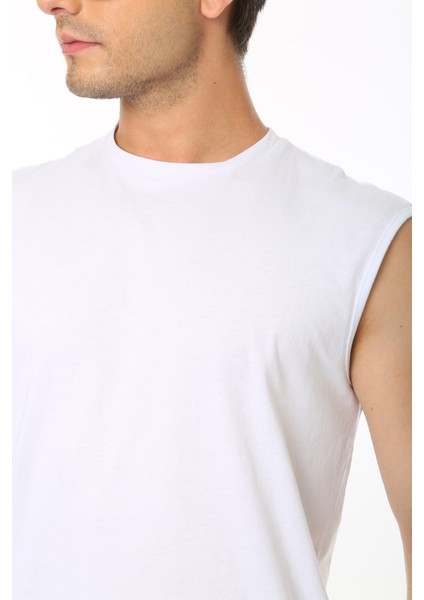 Erkek Beyaz Tank Sıfır Kol Pamuk T-Shirt