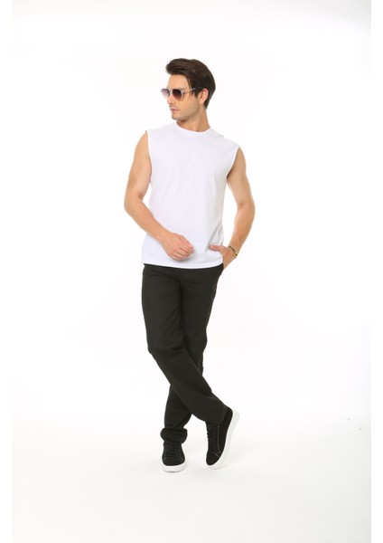 Erkek Beyaz Tank Sıfır Kol Pamuk T-Shirt