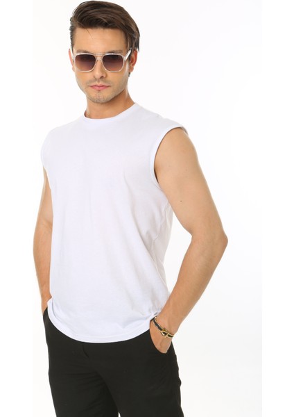 Erkek Beyaz Tank Sıfır Kol Pamuk T-Shirt