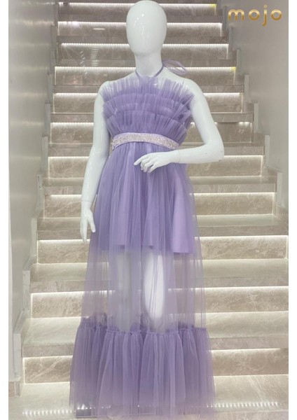 Kanila Kız Çocuk Kat Kat Tüllü Uzun Abiye Elbise 5339 Lavanta