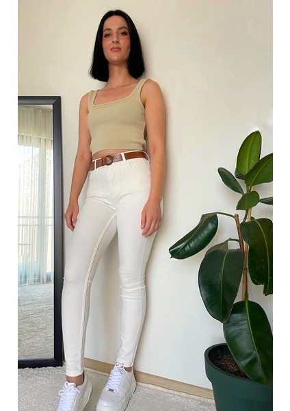 Kadın Beyaz Yüksek Bel Likralı Dar Paça Skinny Pantolon
