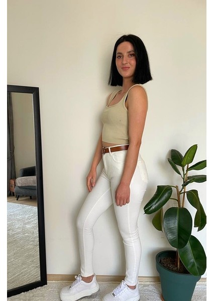 Kadın Beyaz Yüksek Bel Likralı Dar Paça Skinny Pantolon fırsatları