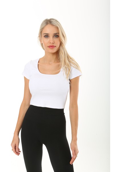 Kadın Beyaz Kısa Kol Crop Havuz Yaka Fitilli Bluz