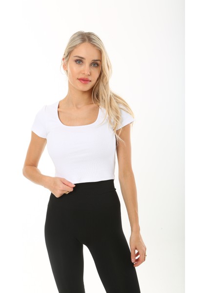 Kadın Beyaz Kısa Kol Crop Havuz Yaka Fitilli Bluz fiyatları