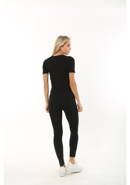 Kısa Kol Pencere Desen Kadın Bluz T-Shirt Fitilli Siyah
