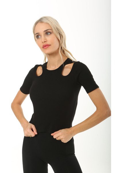 Kısa Kol Pencere Desen Kadın Bluz T-Shirt Fitilli Siyah