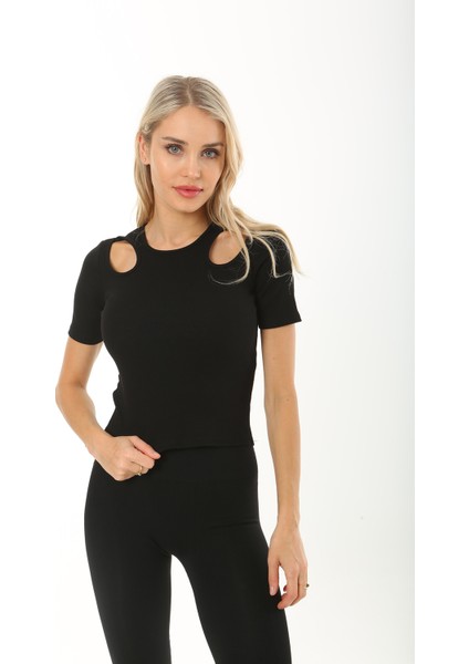 Kısa Kol Pencere Desen Kadın Bluz T-Shirt Fitilli Siyah fiyatları