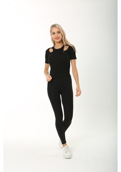 Kısa Kol Pencere Desen Kadın Bluz T-Shirt Fitilli Siyah fırsatları